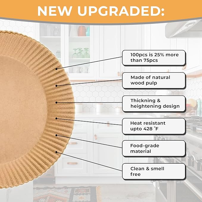 Air Fryer Liners 100PCS – 8 Inch Round Disposable Air Fryer Liners, Non-Stick, Oil-Proof & Heat Resistant for 5-8QT Air Fryers, Oven, Microwave, Baking, Roasting, Steaming