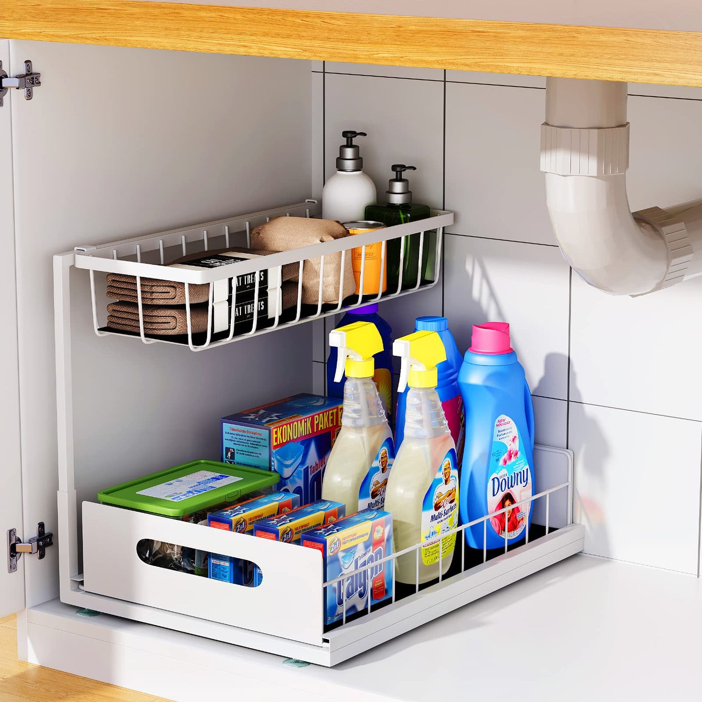 UINOFLE Under Sink Organizers and Storage 2 Tier Sliding Cabinet Basket Organizer Drawer Pull Out Cabinet Organizer Multi-Purpose Under Sink Organizer for Bathroom Kitchen (White)