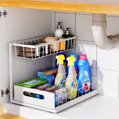UINOFLE Under Sink Organizers and Storage 2 Tier Sliding Cabinet Basket Organizer Drawer Pull Out Cabinet Organizer Multi-Purpose Under Sink Organizer for Bathroom Kitchen (White)