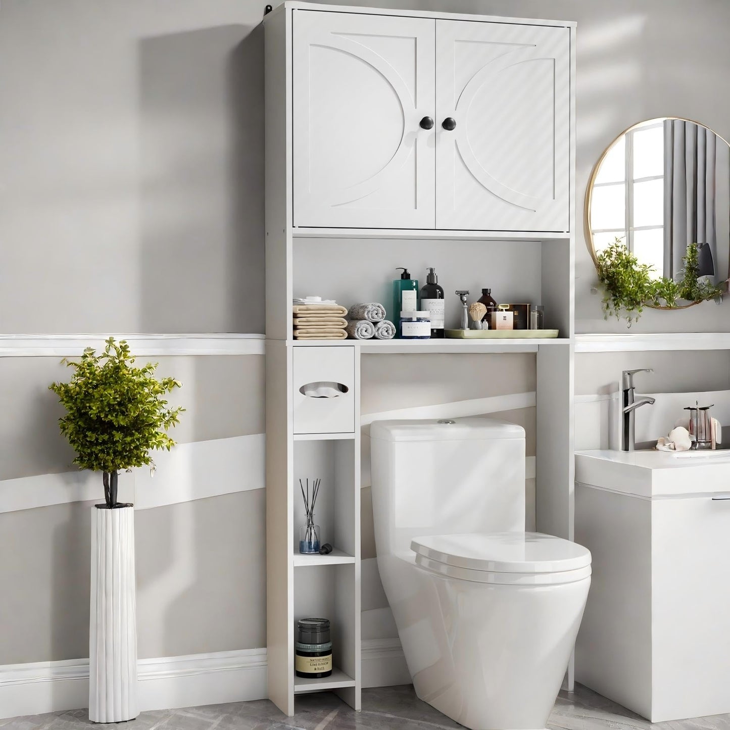 infurnic Over The Toilet Storage Cabinet Farmhouse Wooden Storage Cabinet Over Toilet Bathroom Organizer with Adjustable Shelves Toilet Paper Holder for Bathroom，Laundry Room&Small Space White