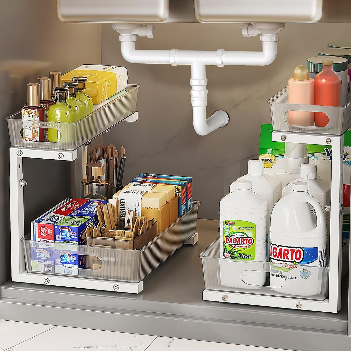NRCUWI 2 Pack Under Sink Organizer Pull Out Cabinet Organizer 2 Tier Slide Out Under Sink Organizers and Storage Height Adjustable for Kitchen Bathroom Cabinet Metal