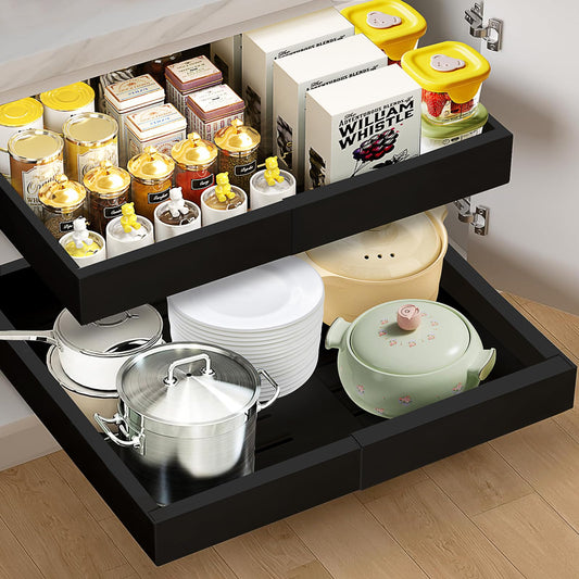 Bifixia Expandable Pull Out Cabinet Organizer 21" Deep Adhesive Slide Out Drawers for Kitchen Cabinets Pantry Bathroom Sliding Drawer Heavy Duty Cabinet Pull Out Shelves for Kitchen