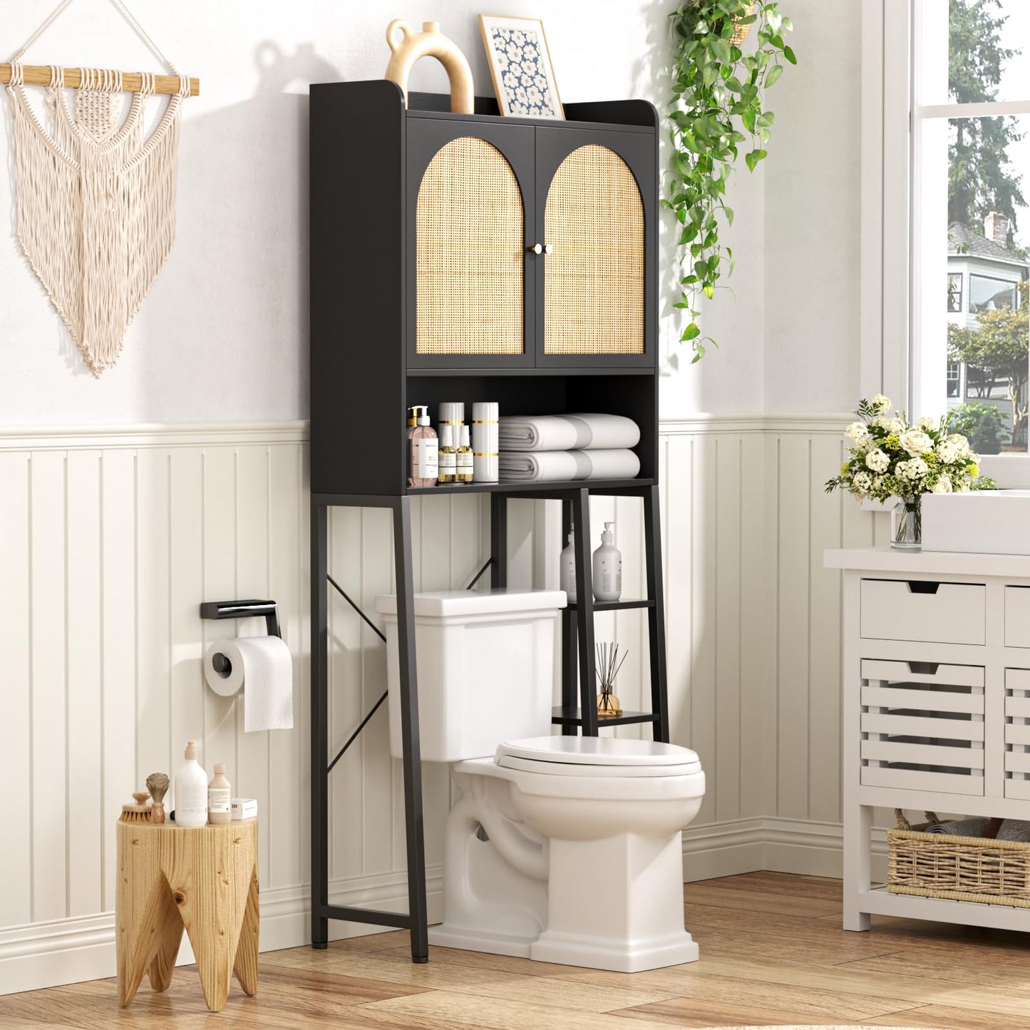 Rattan Over The Toilet Storage Cabinet with Adjustable Shelf Bathroom Organizers and Storage Over Toilet with Rattan Door Metal Stand and Wood Rack Tall Storage Shelves Above Toilet Black