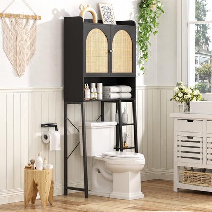 Rattan Over The Toilet Storage Cabinet with Adjustable Shelf Bathroom Organizers and Storage Over Toilet with Rattan Door Metal Stand and Wood Rack Tall Storage Shelves Above Toilet Black
