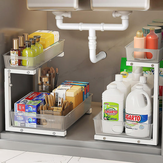 NRCUWI 2 Pack Under Sink Organizer Pull Out Cabinet Organizer 2 Tier Slide Out Under Sink Organizers and Storage Height Adjustable for Kitchen Bathroom Cabinet Metal