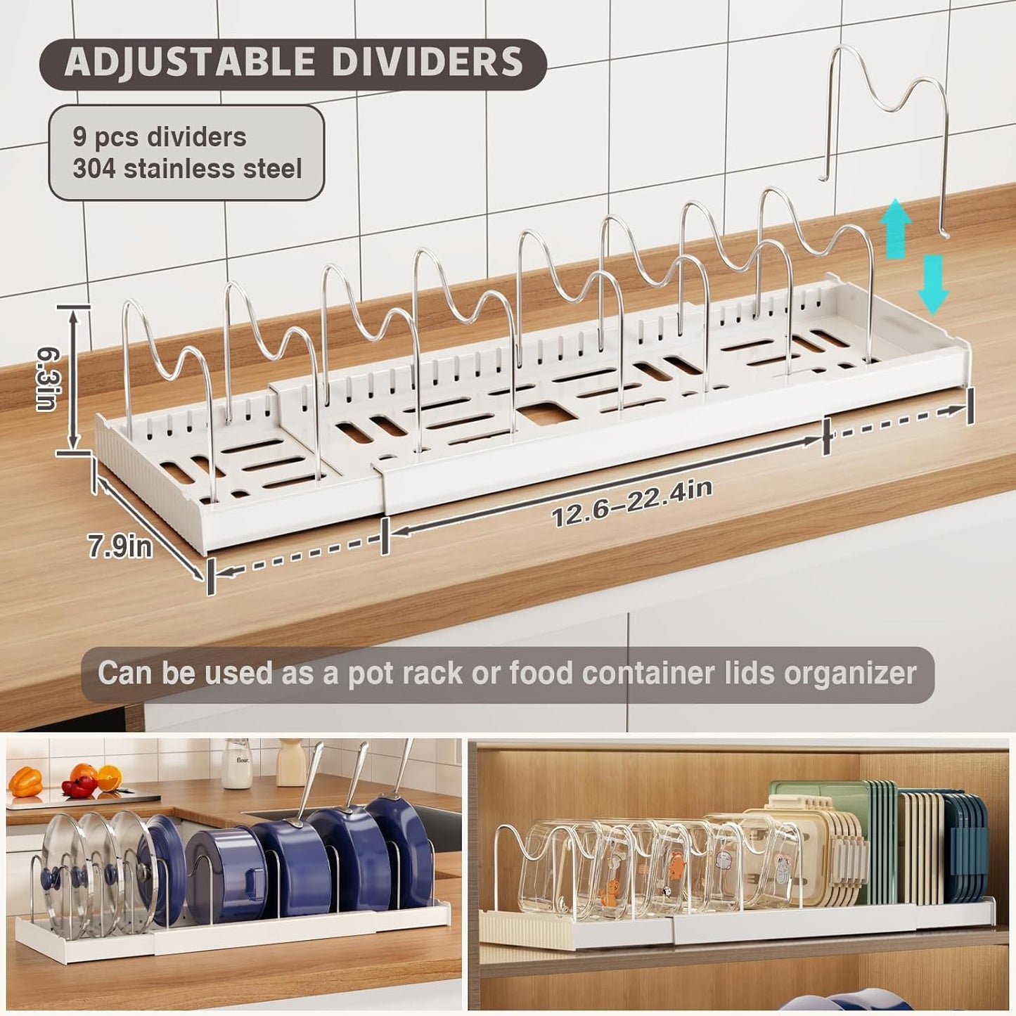 Magheo 2 Pack Expandable Food Storage Container Lid Organizers, 22" Pots and Pans Organizer Under Ca