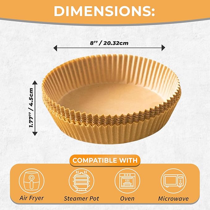 Air Fryer Liners 100PCS – 8 Inch Round Disposable Air Fryer Liners, Non-Stick, Oil-Proof & Heat Resistant for 5-8QT Air Fryers, Oven, Microwave, Baking, Roasting, Steaming