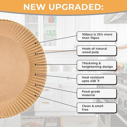 Air Fryer Liners 100PCS – 8 Inch Round Disposable Air Fryer Liners, Non-Stick, Oil-Proof & Heat Resistant for 5-8QT Air Fryers, Oven, Microwave, Baking, Roasting, Steaming