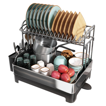 romision Dish Drying Rack 304 Stainless Steel 2 Tier Large Dish Rack and Drainboard Set with Drainage Spout Full Size Dish Drainer with Utensil Holder for Kitchen Counter of Big Family