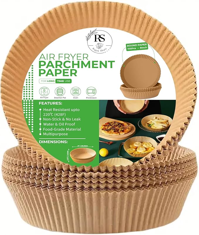 Air Fryer Liners 100PCS – 8 Inch Round Disposable Air Fryer Liners, Non-Stick, Oil-Proof & Heat Resistant for 5-8QT Air Fryers, Oven, Microwave, Baking, Roasting, Steaming