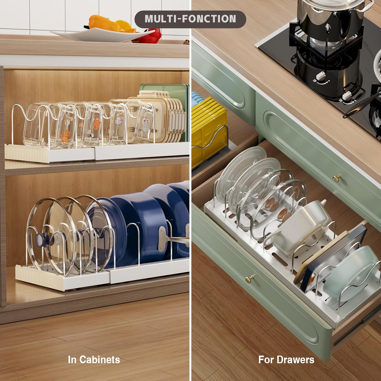 Magheo 2 Pack Expandable Food Storage Container Lid Organizers, 22" Pots and Pans Organizer Under Ca