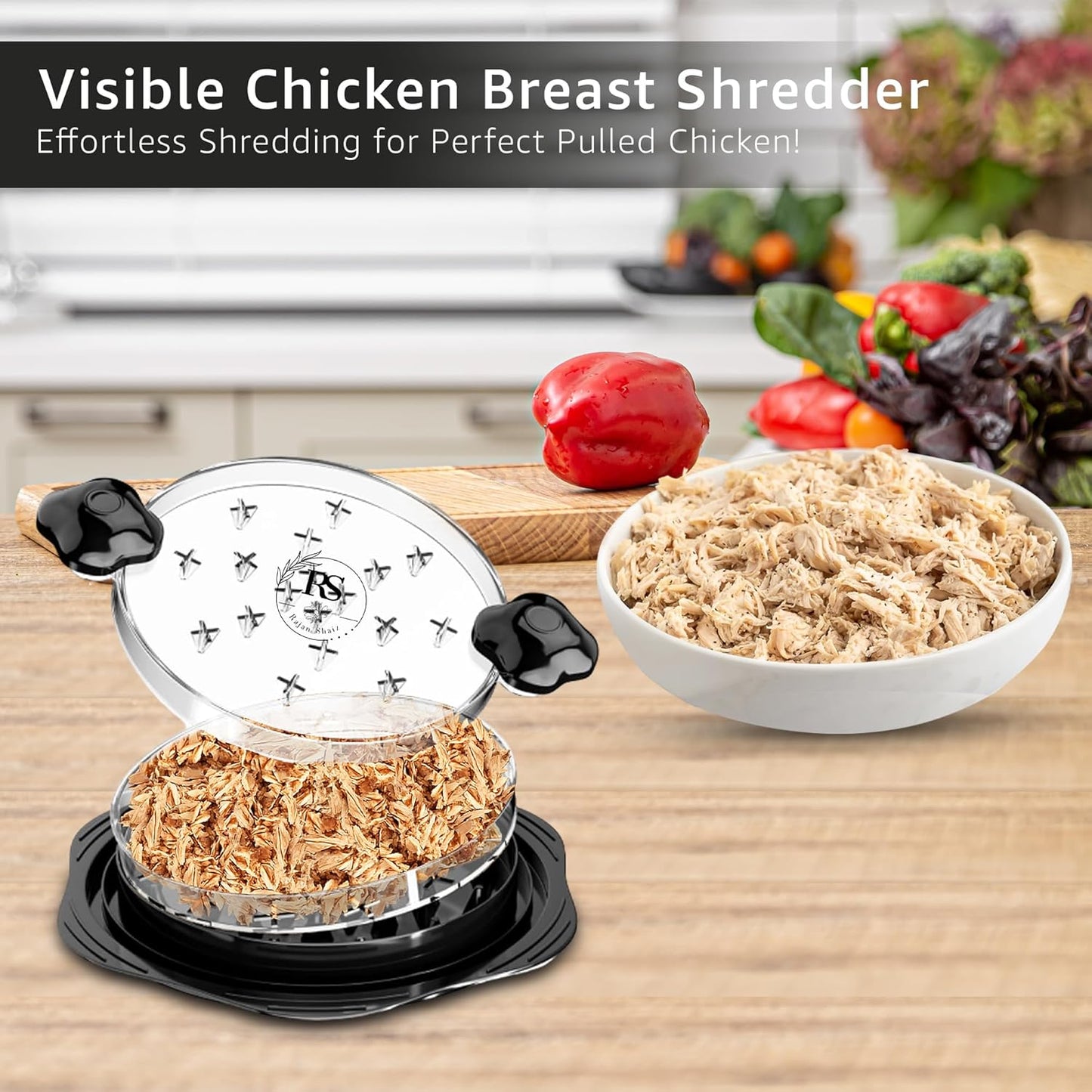 Heavy Duty Chicken Shredder Tool Twist – Visible Meat Shredder BPA-Free, Anti-Slip Base – Manual Meat Grinder for Shredding Pork, Beef, Chicken – Includes Brush, Tong, Silicone Mat & Middle Plate