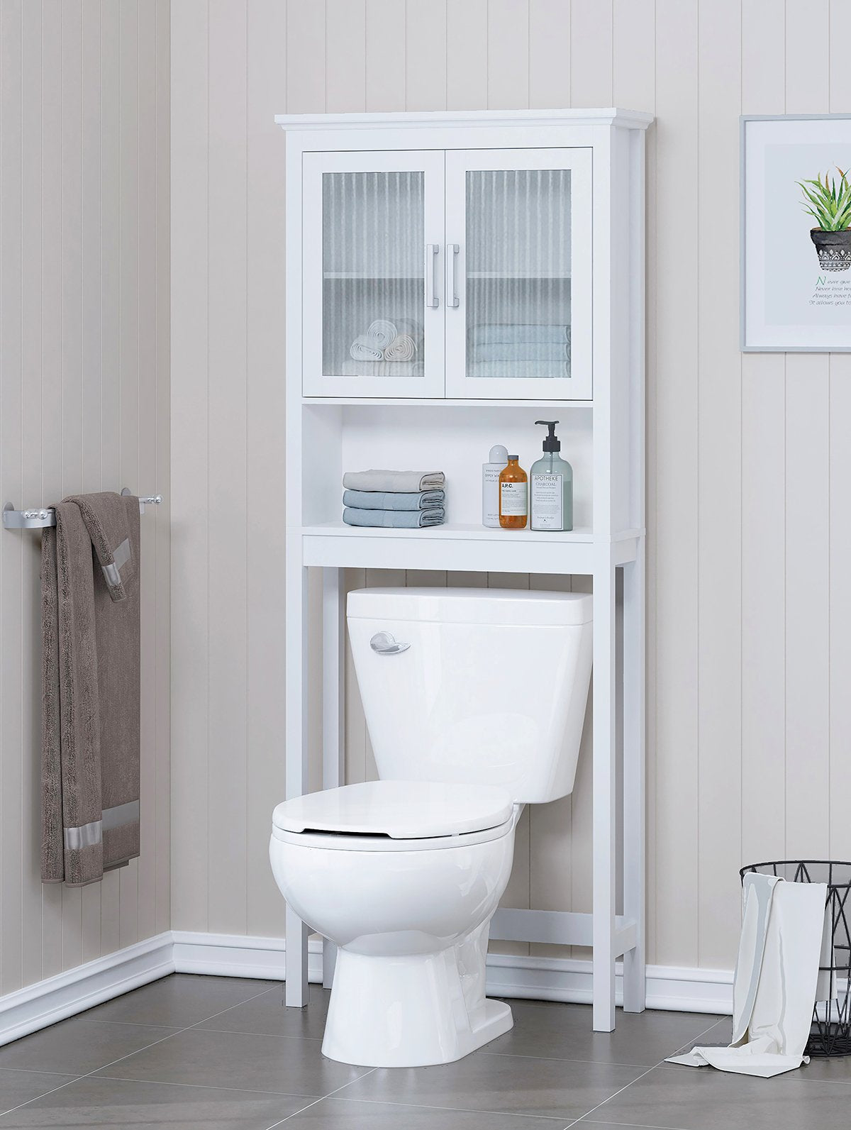 Spirich Over The Toilet Cabinet for Bathroom Storage Above Toilet Storage Cabinet with Moru Tempered Glass Doors White