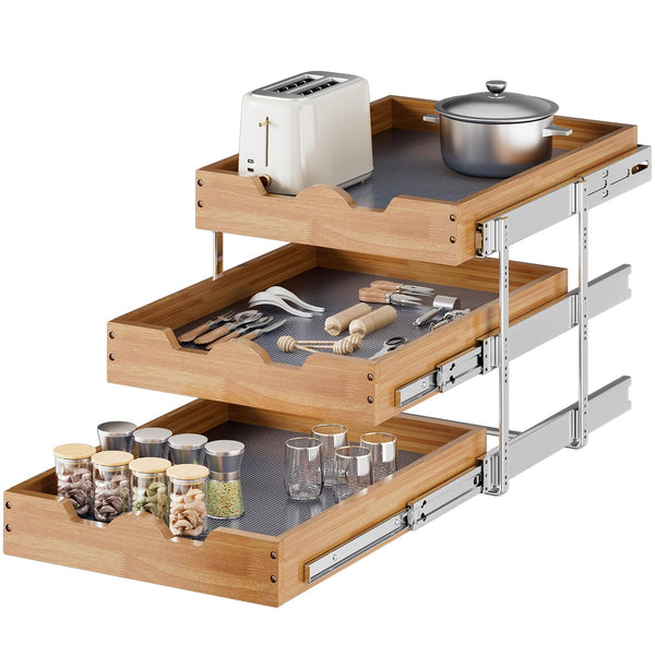 OCG Pull Out Cabinet Drawer 20" W x 21" D 3 Tier Pull Out Cabinet Organizer Heavy-Duty Slide Out Drawer for Cabinets Base Cabinet Organization for Kitchen Pantry Bathroom