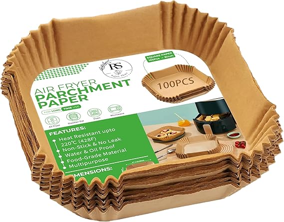 Air Fryer Liners 100PCS – 8 Inch Square Disposable Air Fryer Liners, Non-Stick, Oil-Proof & Heat Resistant for 5-8QT Air Fryers, Oven, Microwave, Baking, Roasting, Steaming