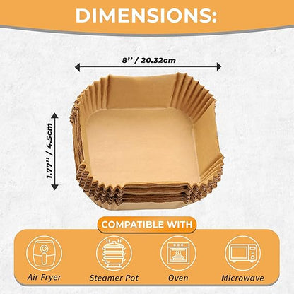 Air Fryer Liners 100PCS – 8 Inch Square Disposable Air Fryer Liners, Non-Stick, Oil-Proof & Heat Resistant for 5-8QT Air Fryers, Oven, Microwave, Baking, Roasting, Steaming